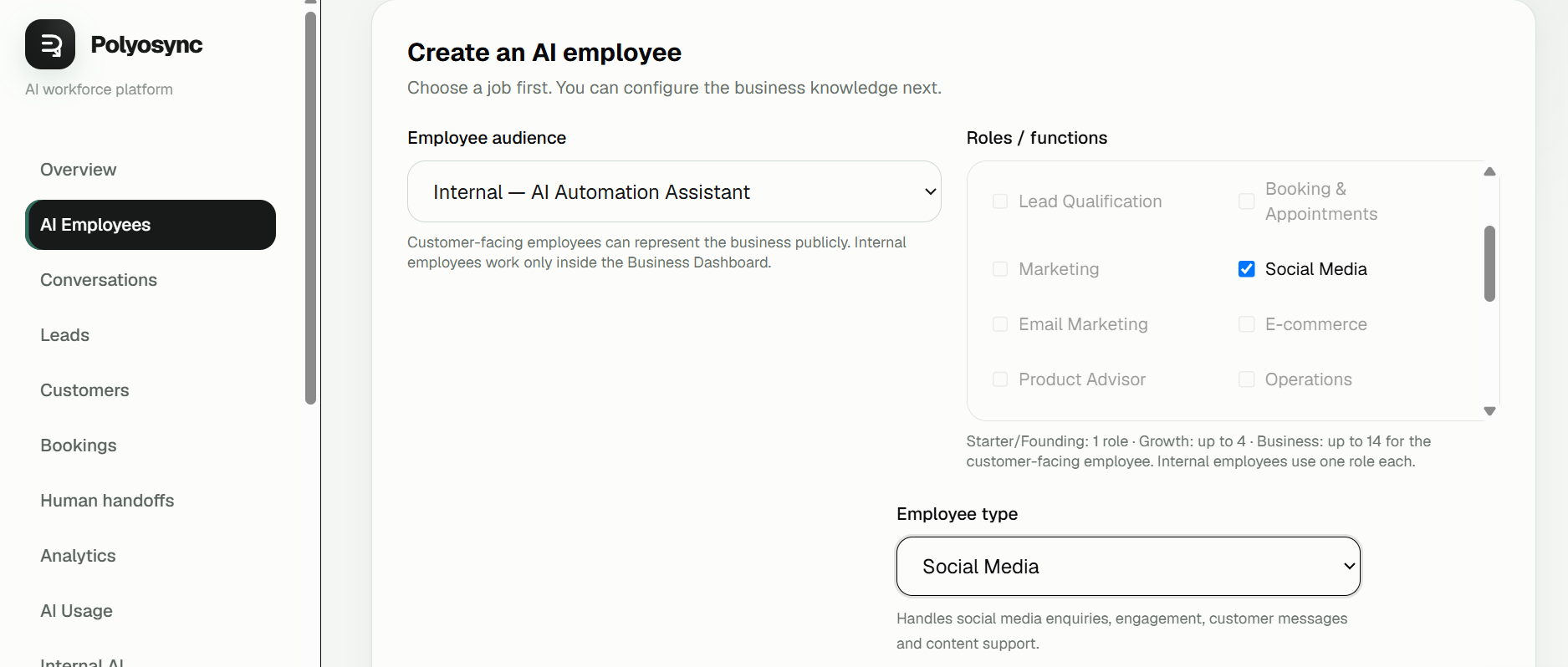dashboard / AI Employees area where you start creating the employee.