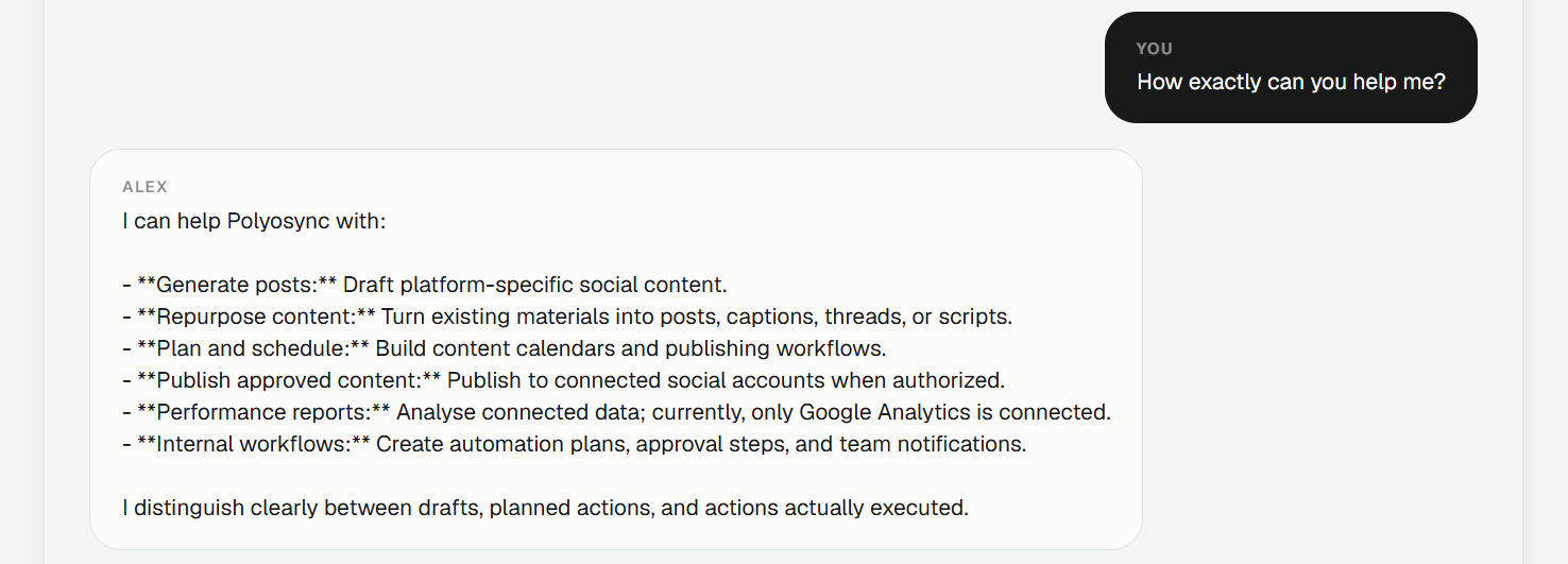 Screenshot: Alex listing capabilities.