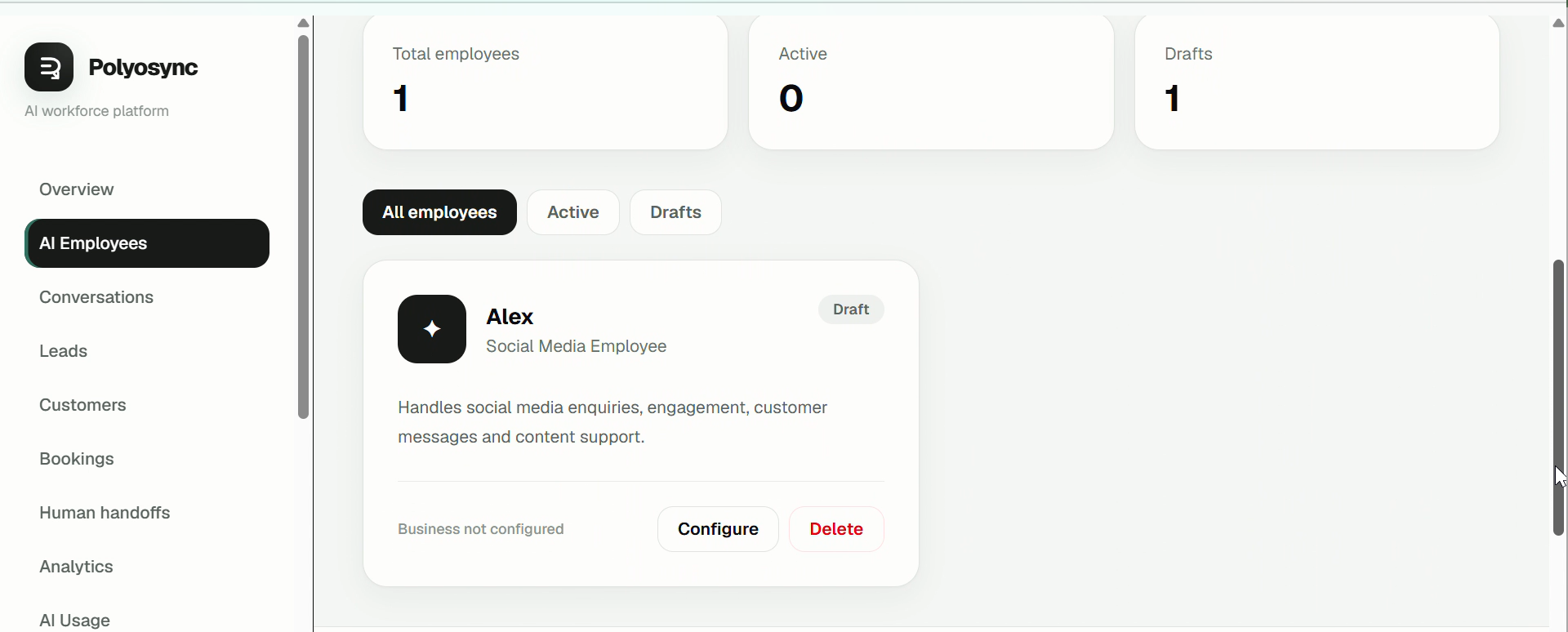 AI Employee card after creation + Configuration button.