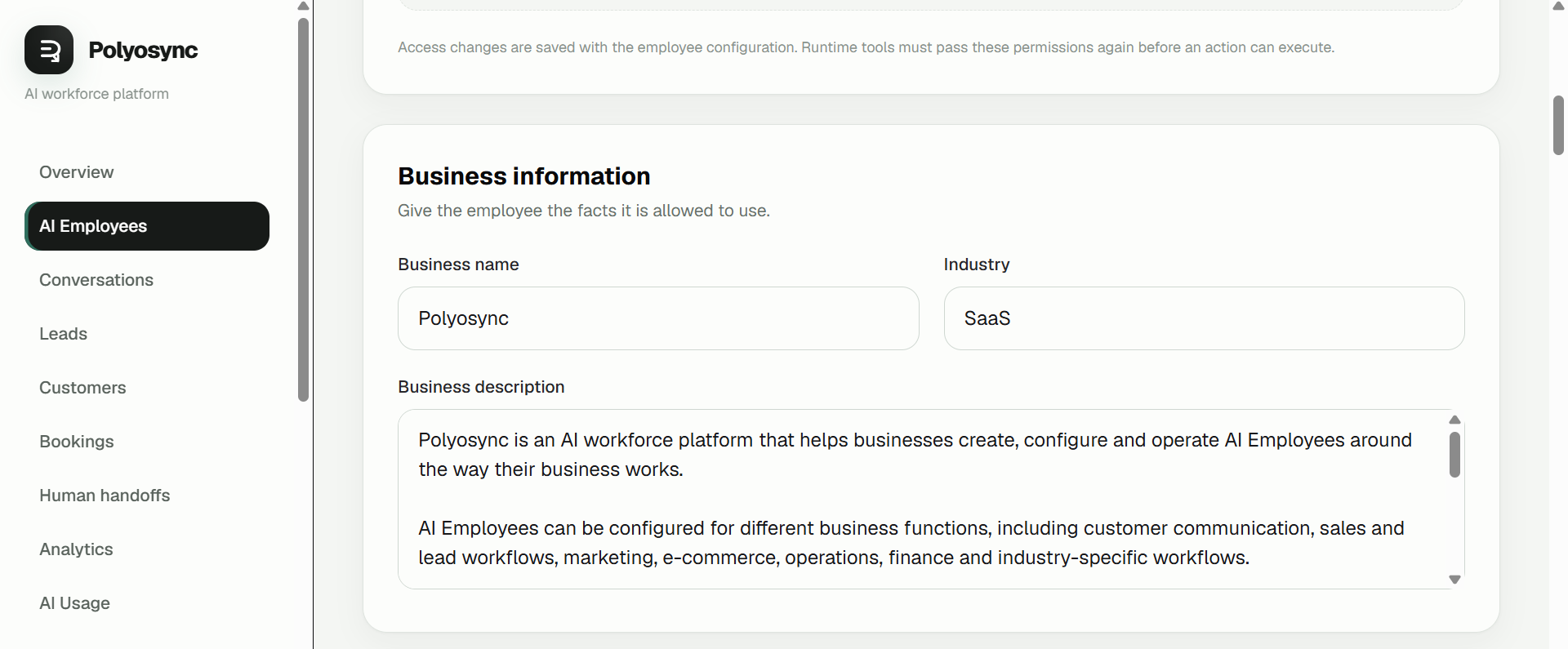 Screenshot: Business information section.
