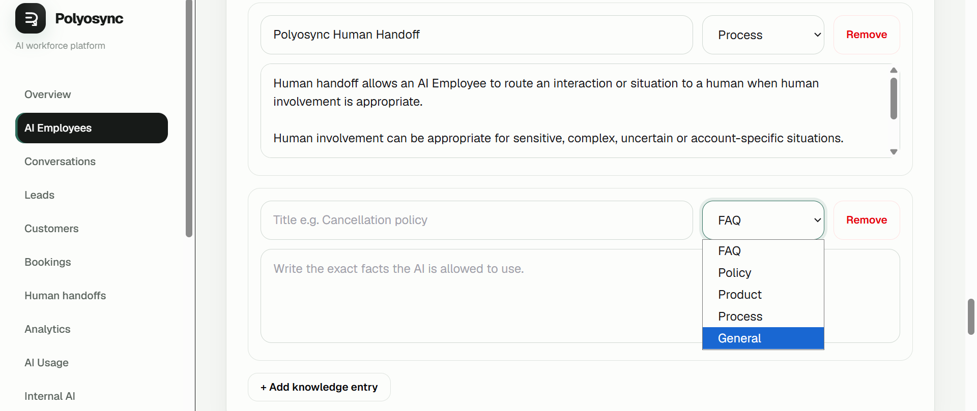 Screenshot: Knowledge Base empty state / Add knowledge entry.