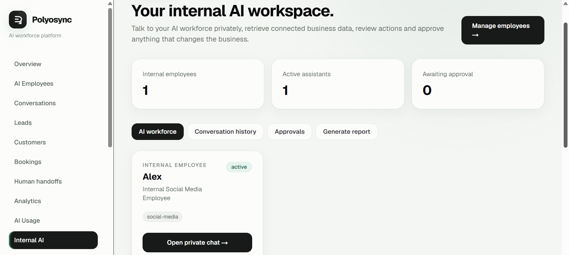 Screenshot: Internal AI page showing Alex / private chat.